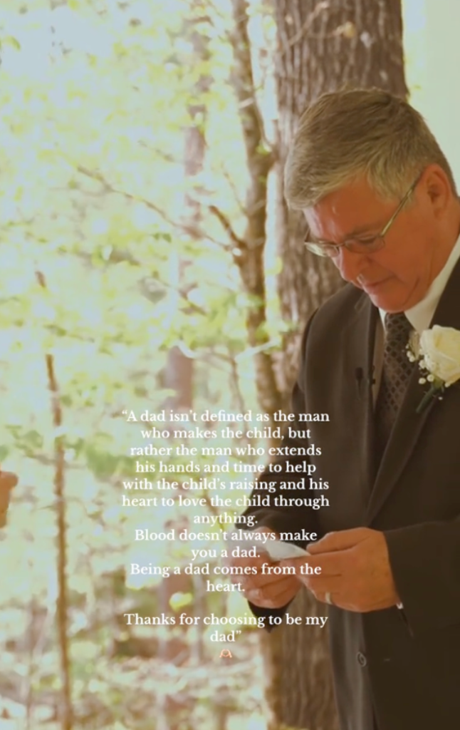 The bride's stepfather reads not during the wedding day's first look.